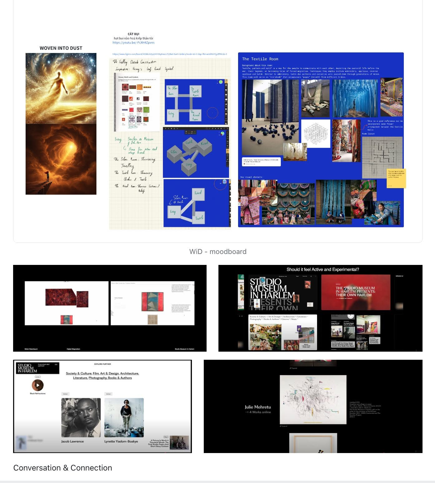 Woven Into Dusk moodboard mapping Entry, Silver Room, Textile Room, and Forest Room with textile, architecture, and landscape references.