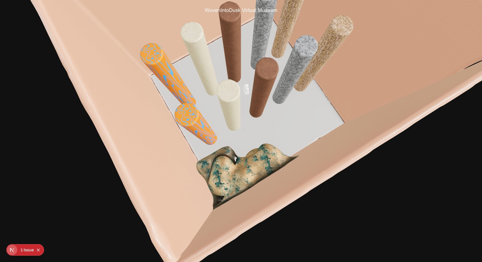 Top-down view of the Woven Into Dusk virtual museum with column forms, material samples, and a central exhibition floor.