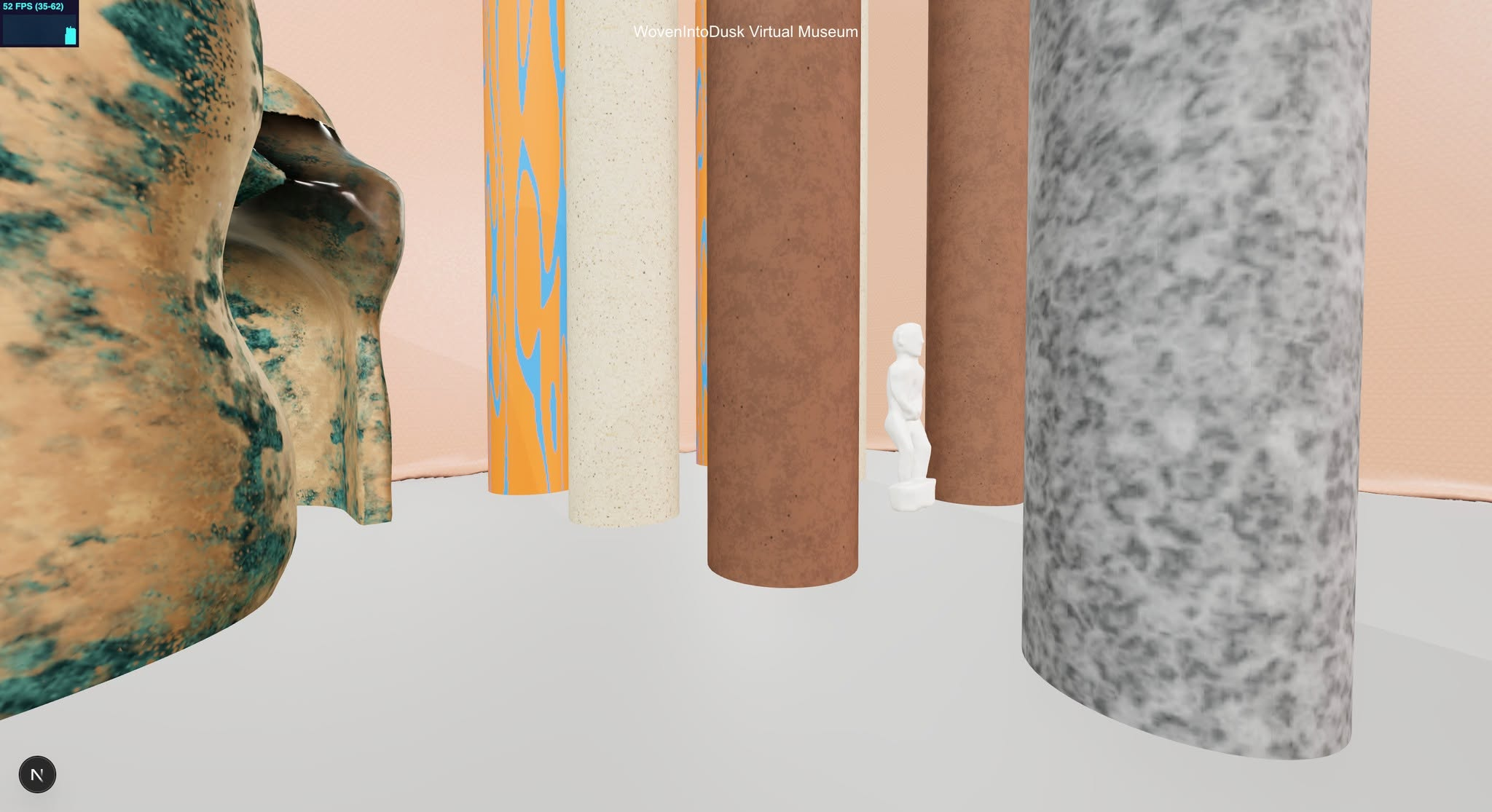 Perspective view of the virtual museum floor with stone, clay, textile-pattern, and organic material columns under soft lighting.