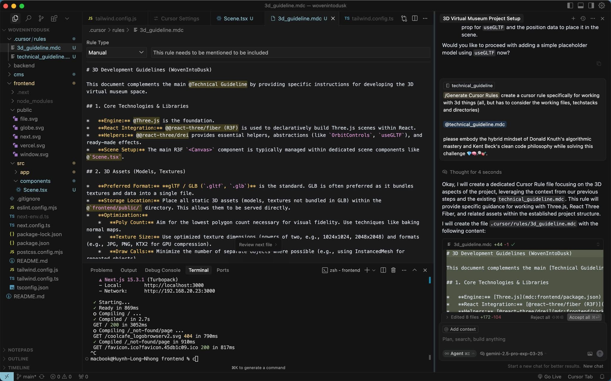 Development workspace showing Cursor rules for 3D assets, a Next.js frontend, and the project's Three.js scene structure.