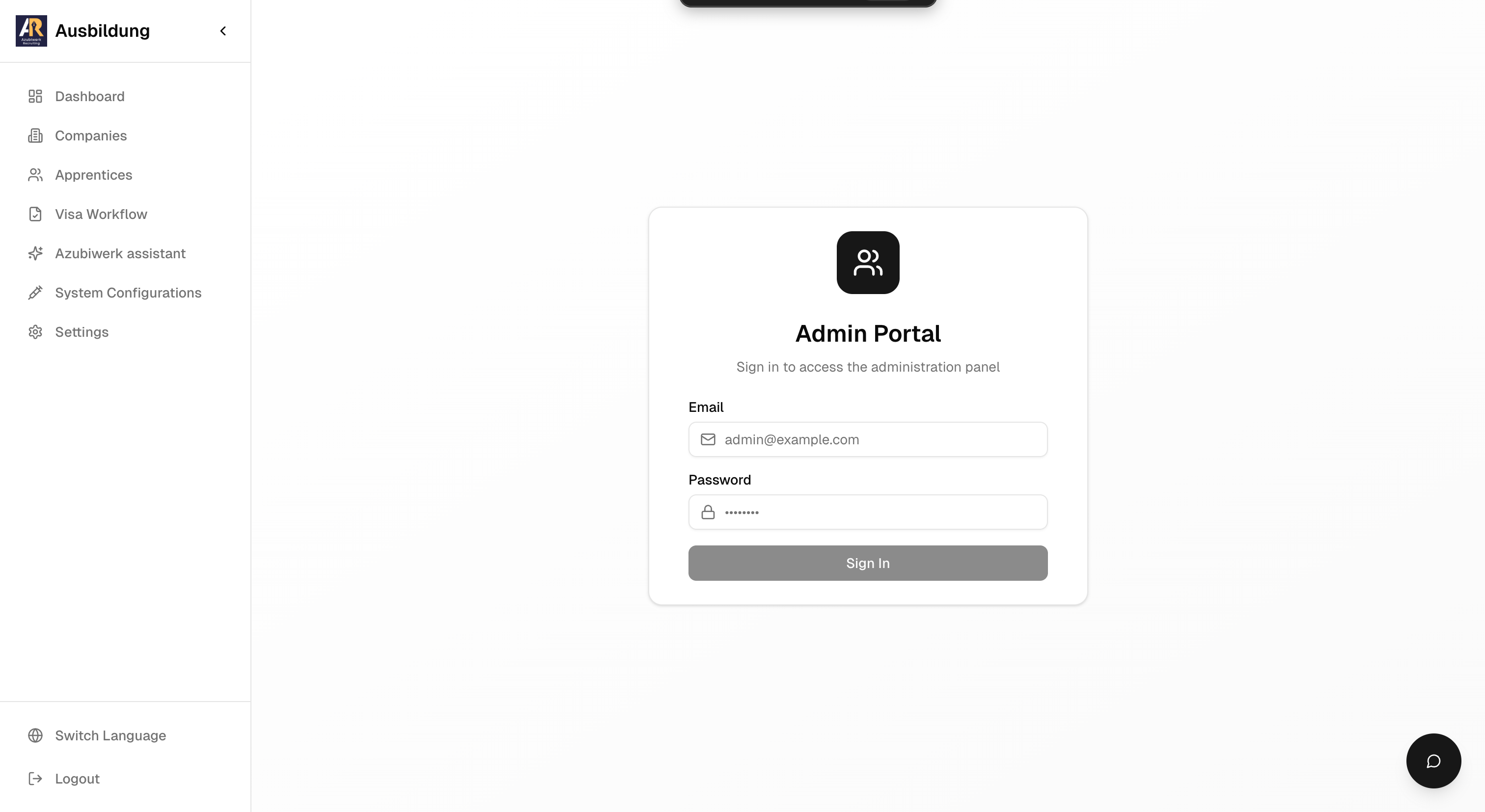 Azubiwerk admin portal sign-in screen for the apprenticeship management platform