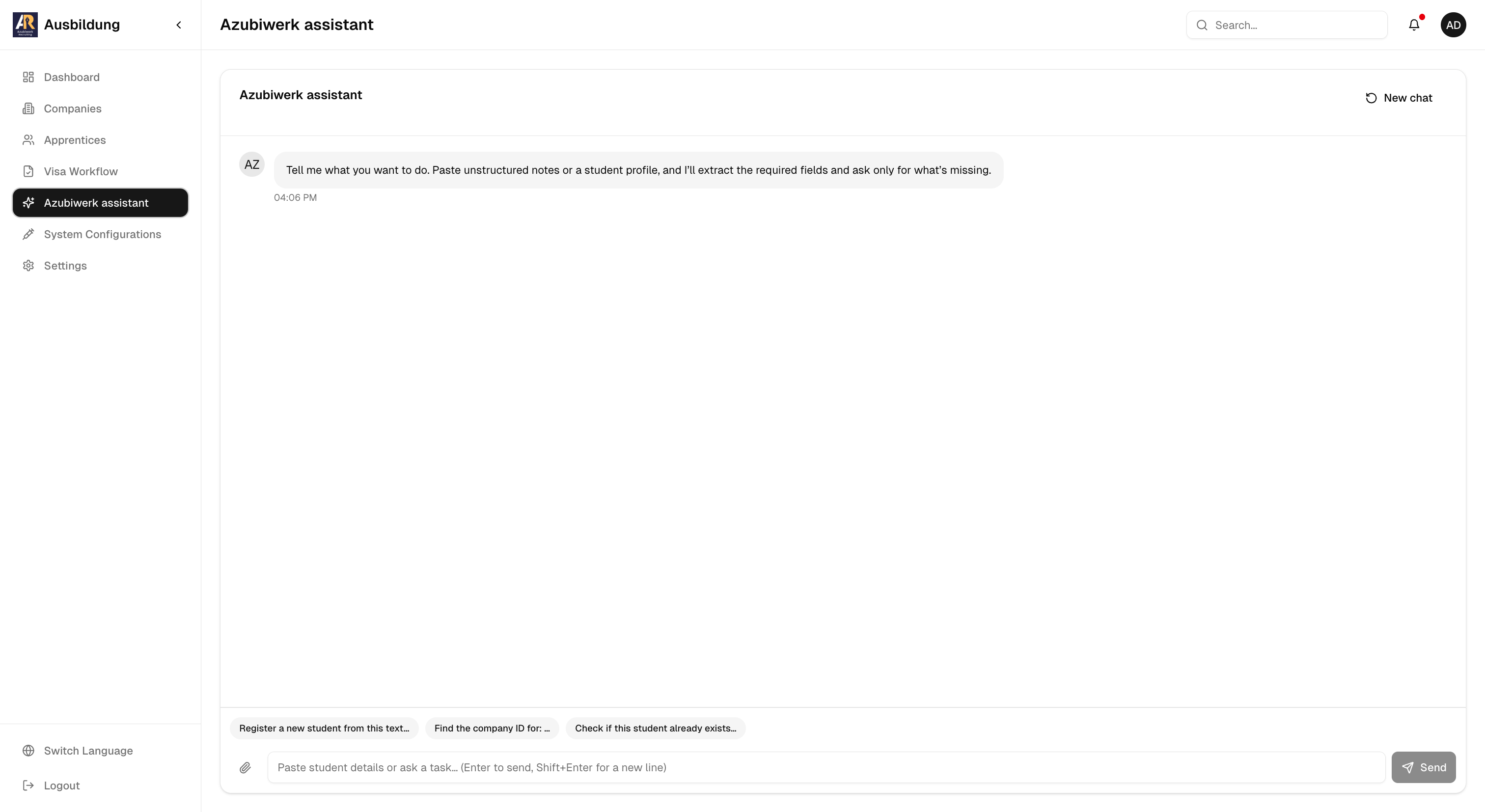 Azubiwerk AI assistant for registering students, finding company records, and checking existing profiles