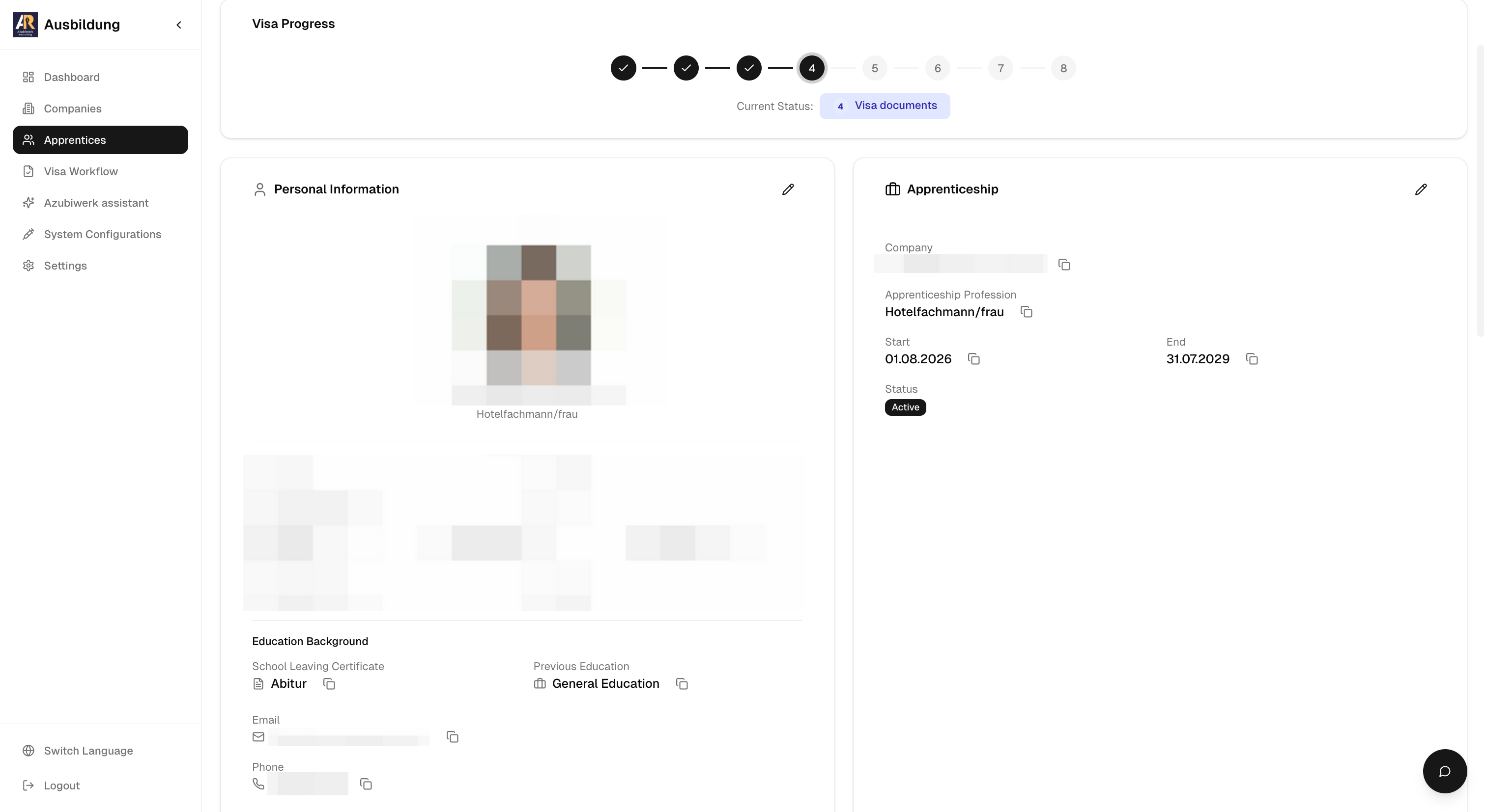 Azubiwerk apprentice profile with personal information, apprenticeship details, and an eight-step visa progress workflow