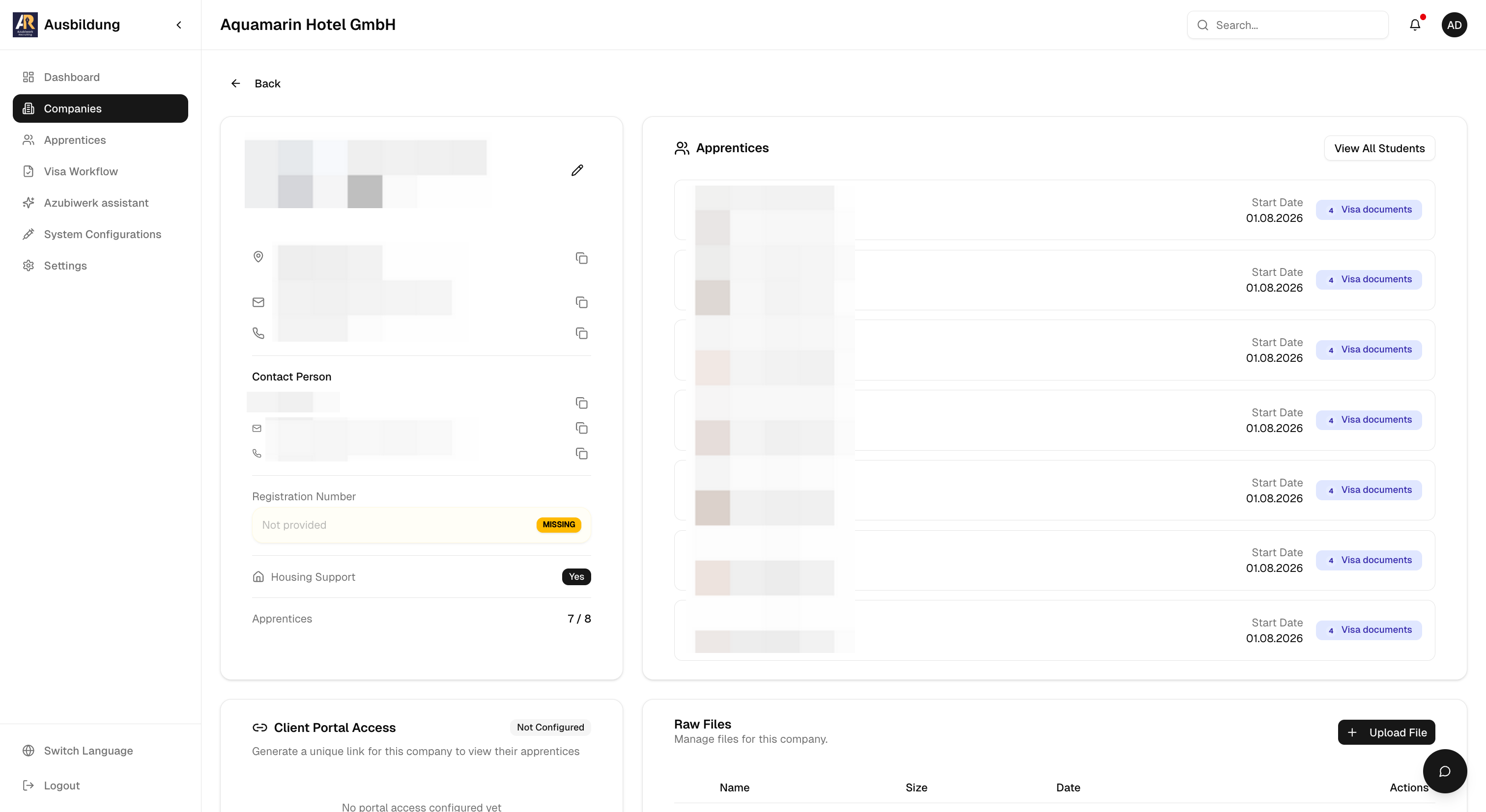 Azubiwerk company record showing contact details, housing support, apprentice assignments, and client portal access