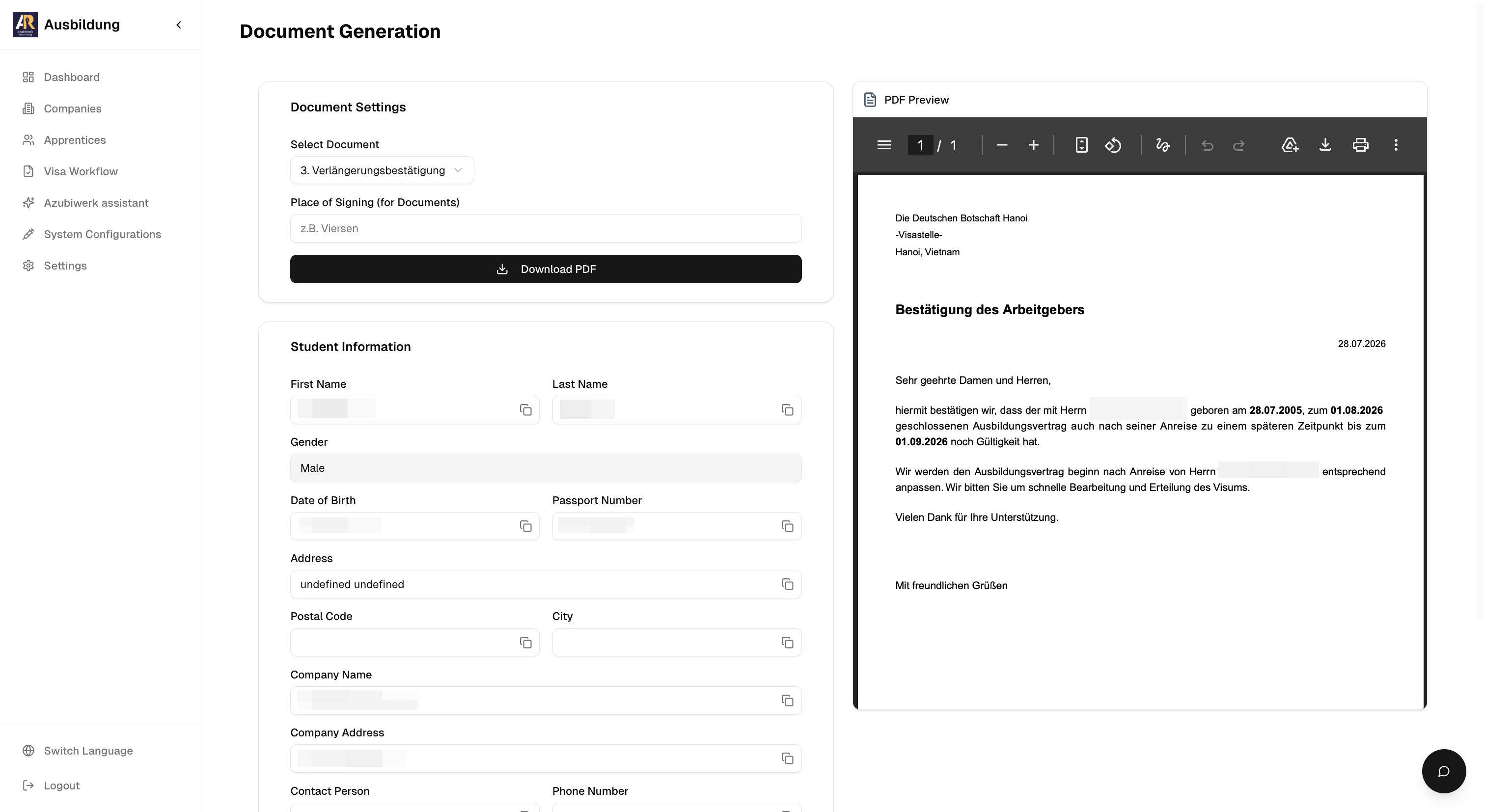 Azubiwerk document generation interface with live PDF preview for employer confirmation letters