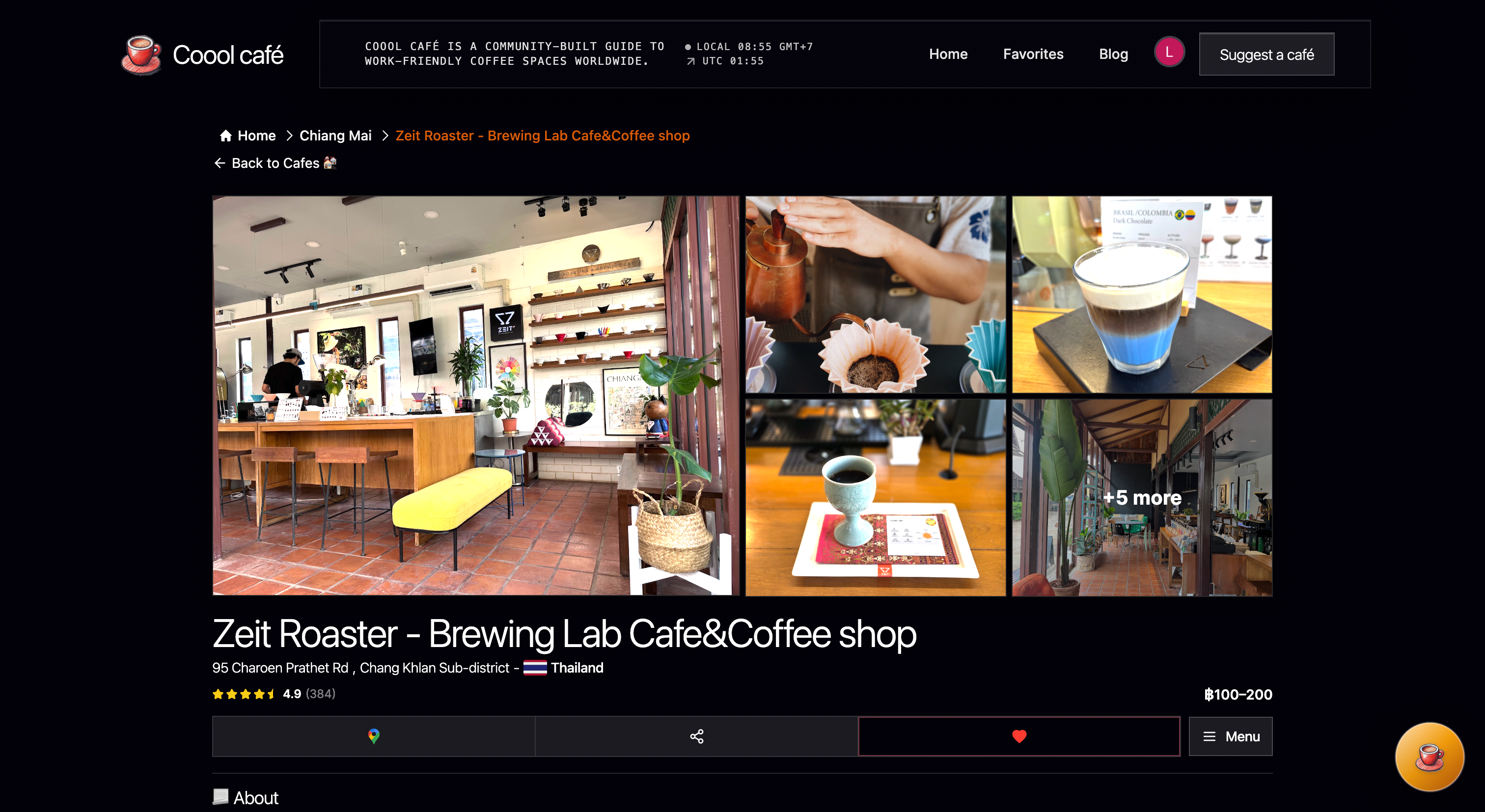 Coool Café detail page with a café image grid, ratings, price range, actions, and menu access