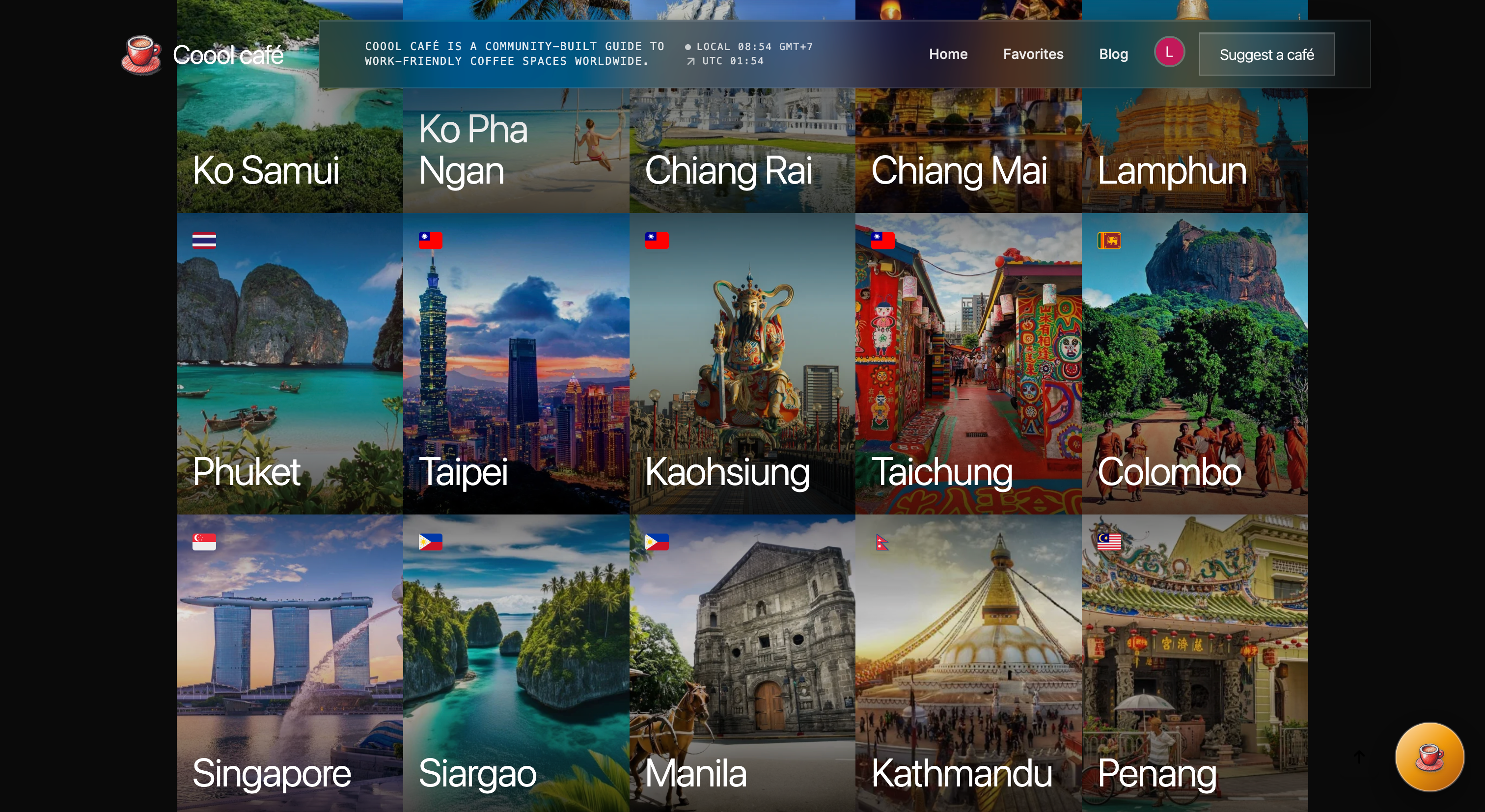 Coool Café city directory with destinations across Asia displayed as visual cards