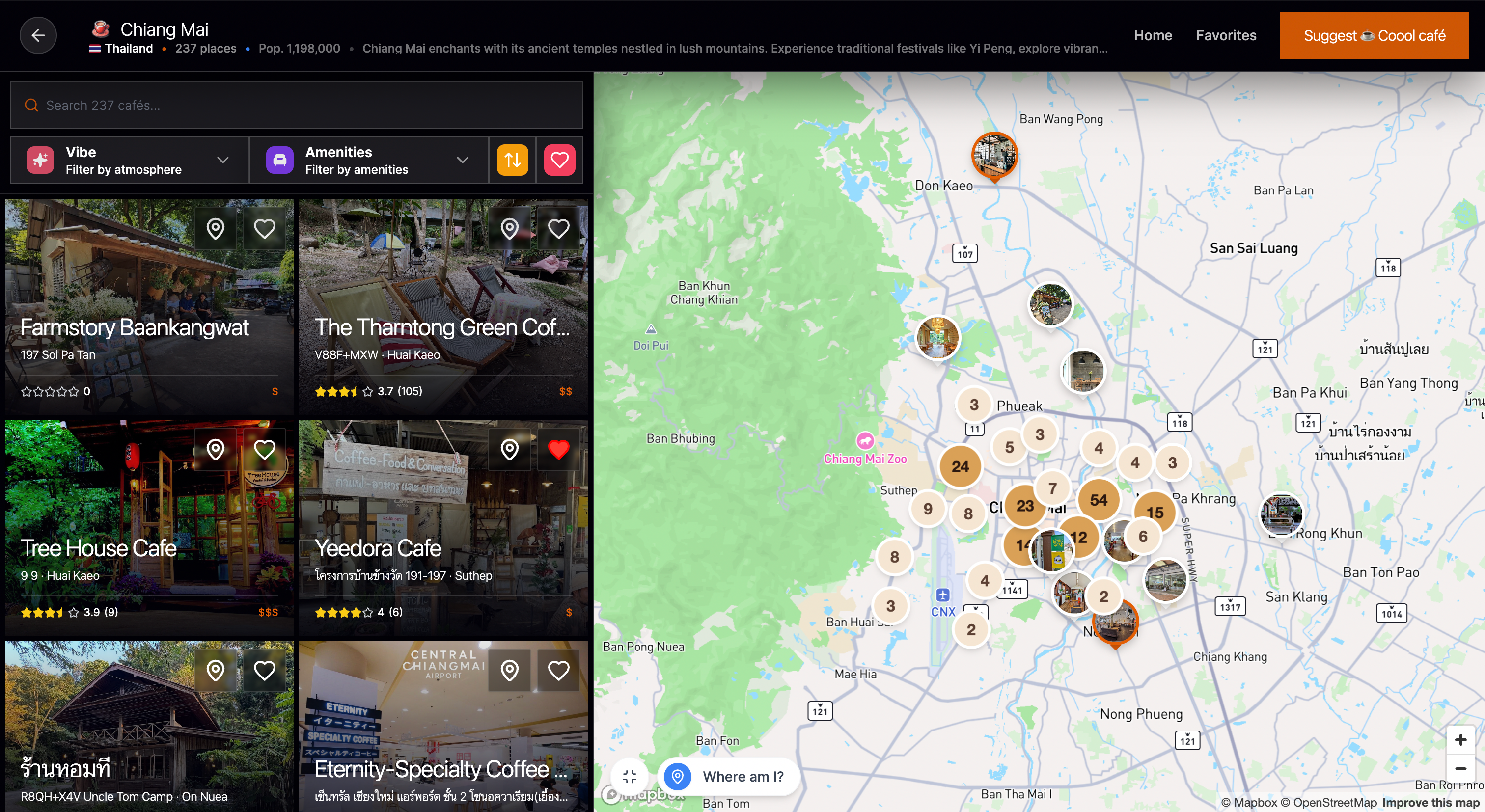 Coool Café global discovery map showing city markers around the world