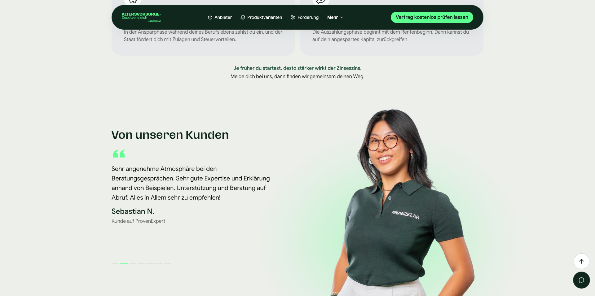Finanzklar customer testimonial presented beside an adviser portrait
