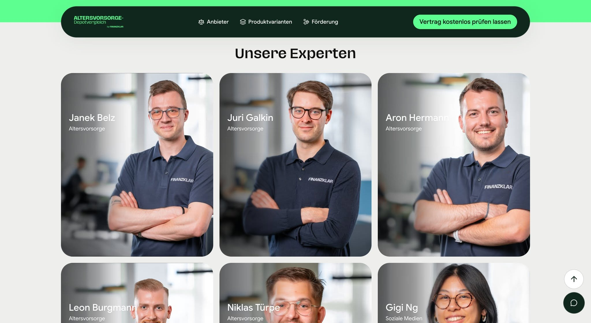 Finanzklar expert directory with six financial advisers presented in portrait cards