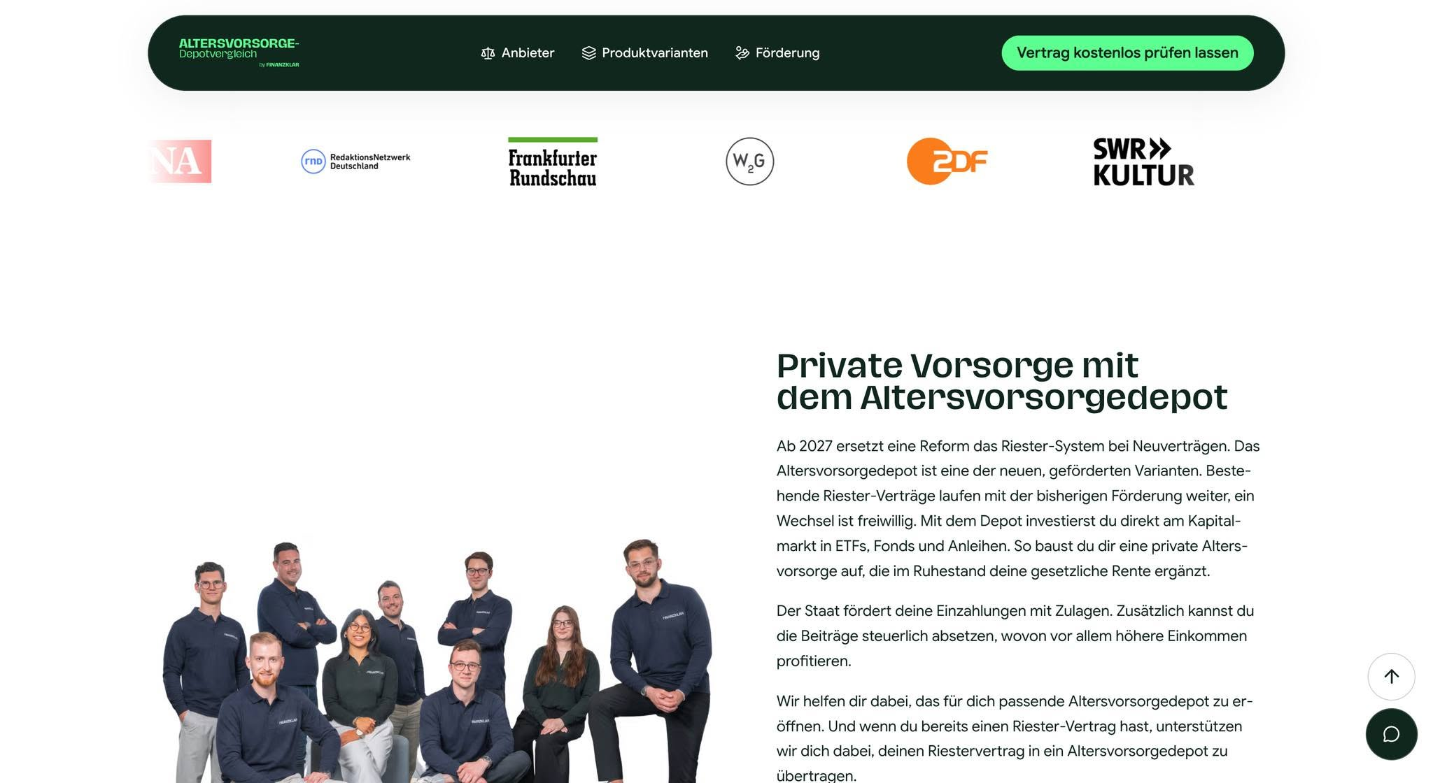 Finanzklar editorial page explaining private retirement planning and the 2027 reform