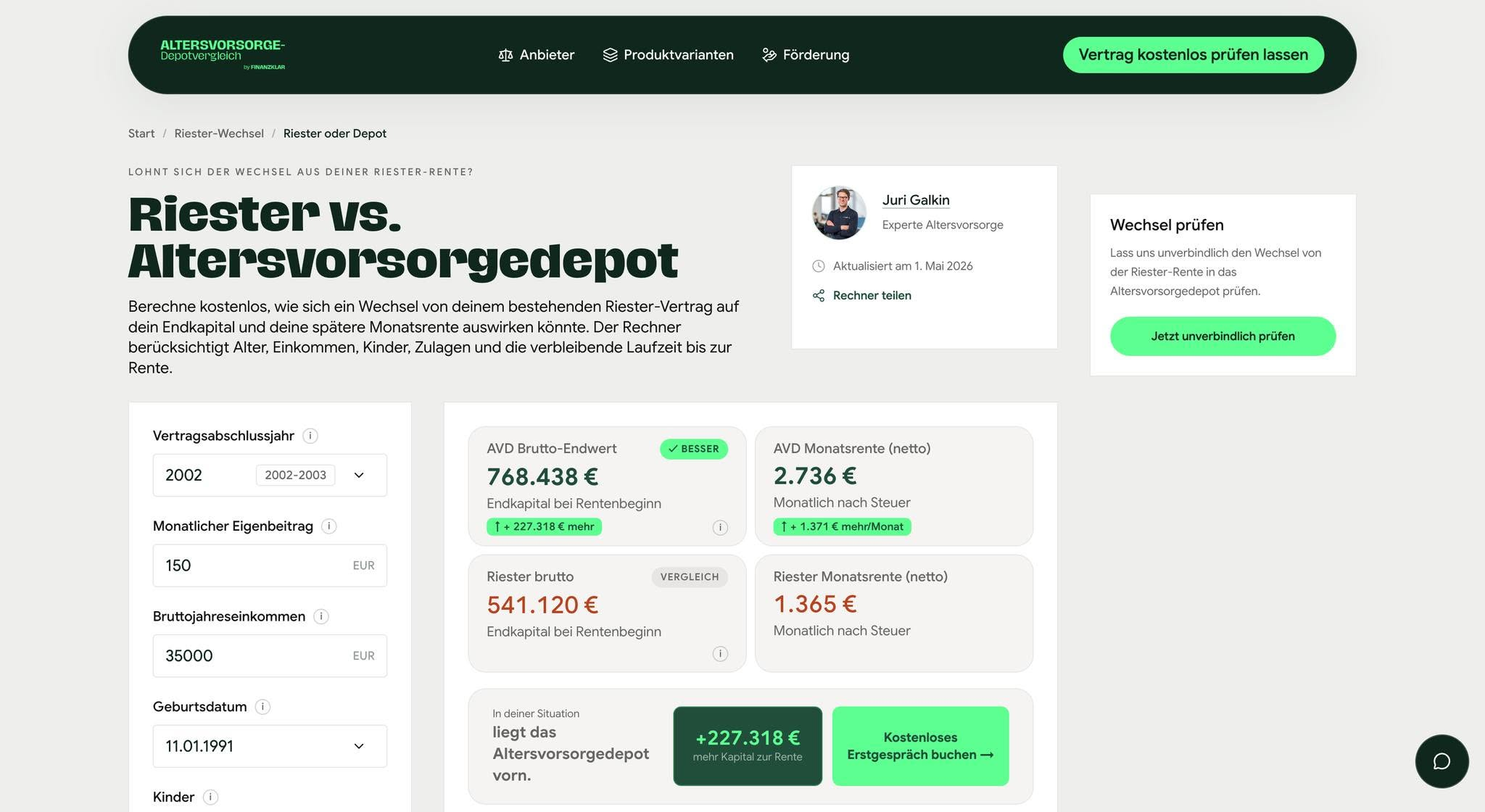 Finanzklar calculator comparing Riester outcomes with the Altersvorsorgedepot