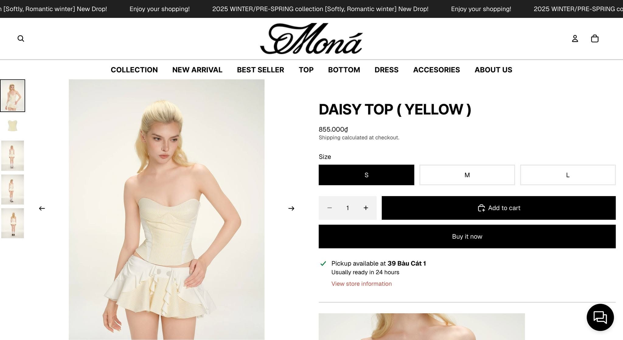 Moná Saigon product page with focused imagery, sizing, purchase, and pickup controls