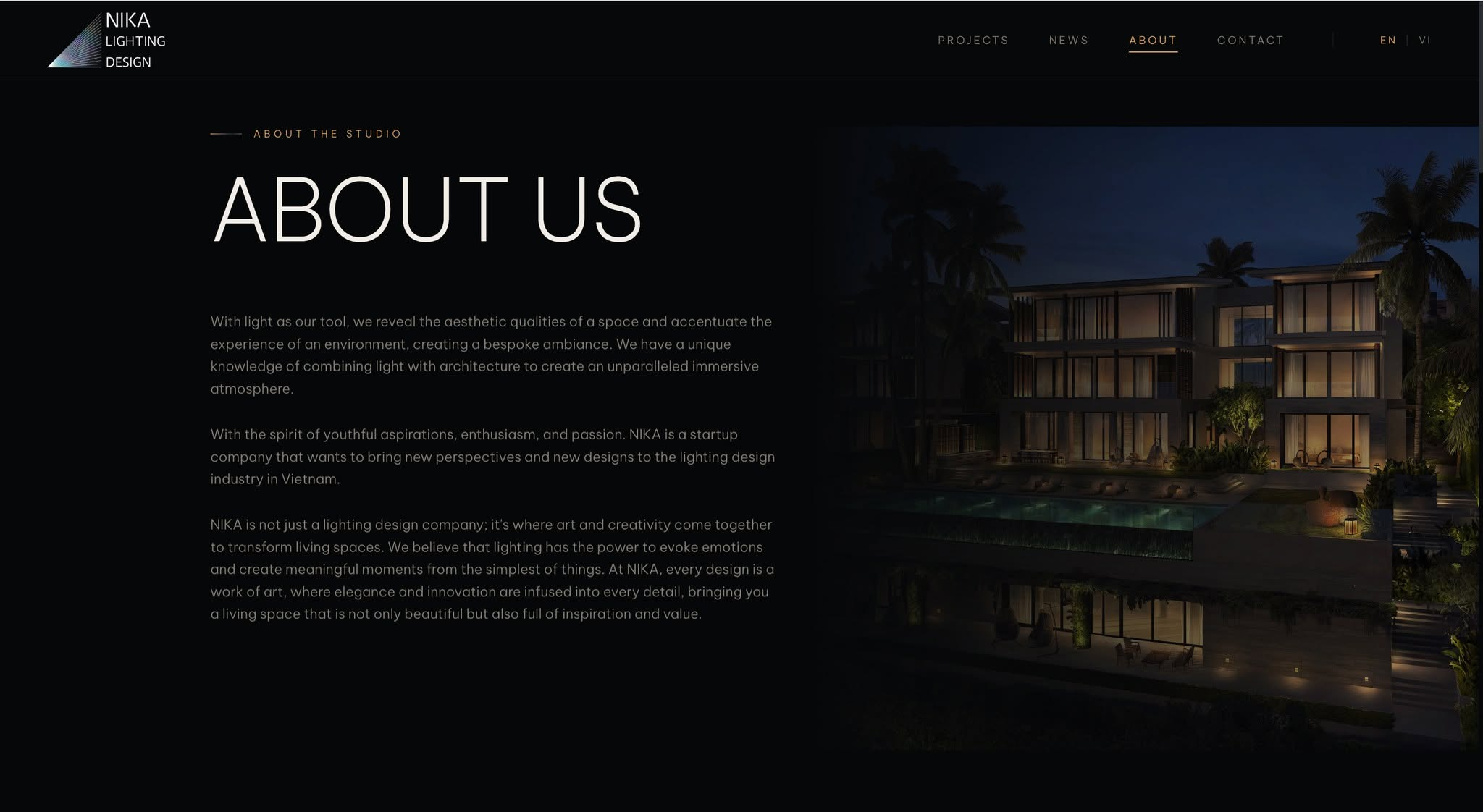 NIKA website about page with the studio's architectural lighting philosophy