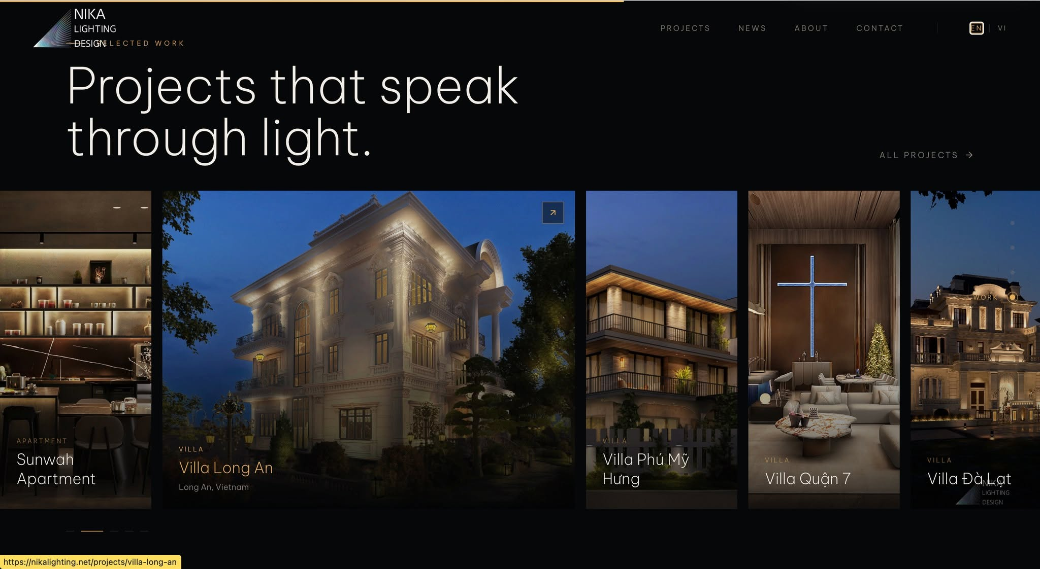 NIKA website selected work page showing lighting projects after dark