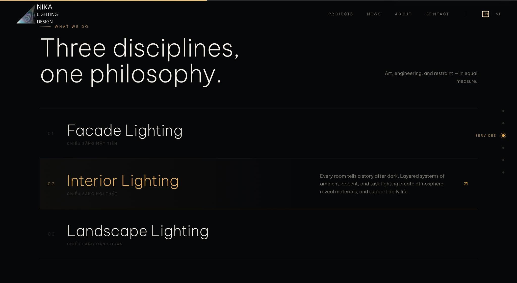 NIKA website services page presenting facade, interior, and landscape lighting