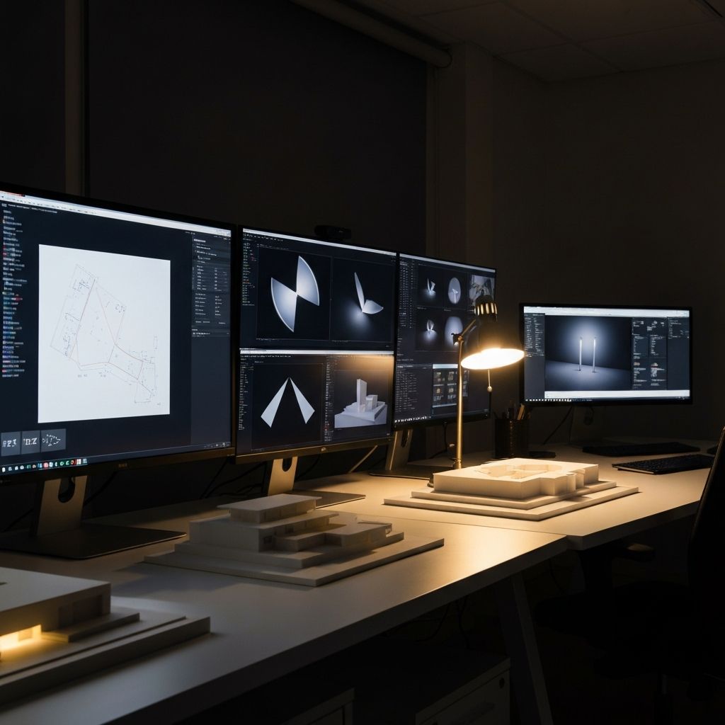 NIKA lighting studio workspace with architectural studies and lighting models