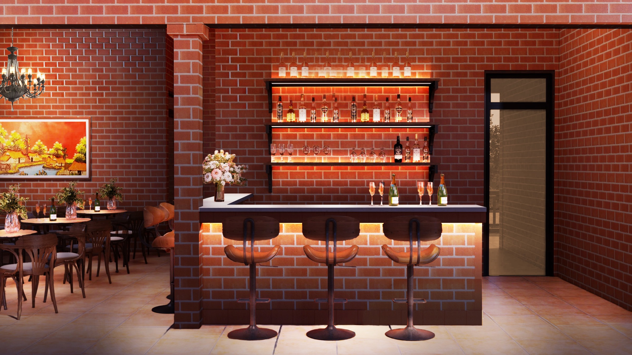 Villa Long An interior with layered lighting across a staircase and living room