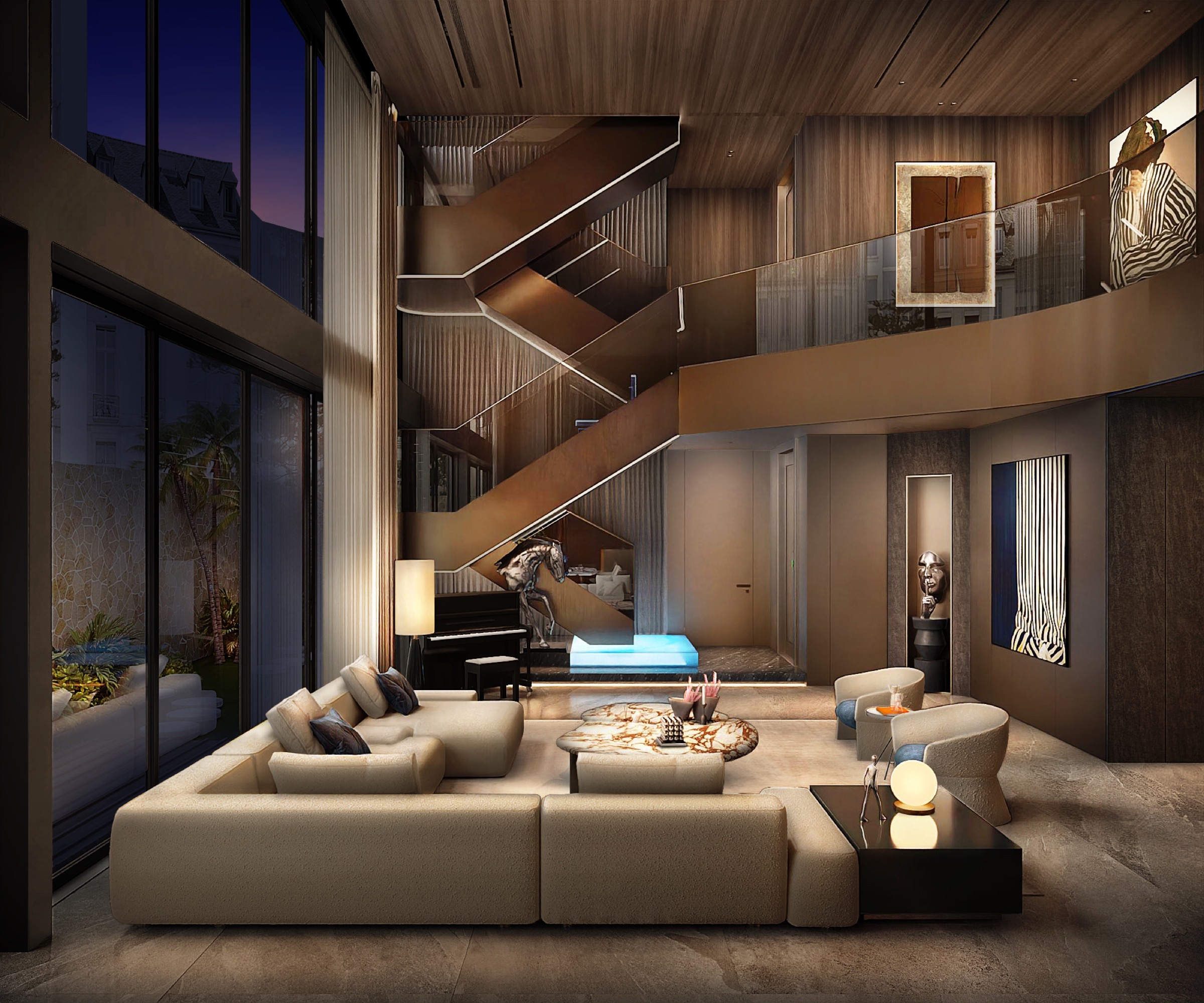 Villa Quận 7 interior with warm architectural lighting and a sculptural staircase