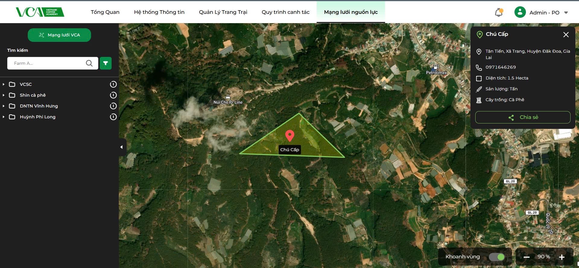 VCAgritech farm map showing a traced plot boundary and farm record details