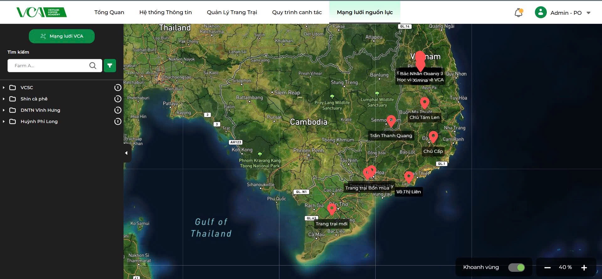 VCAgritech resource network map locating coffee farms across Vietnam